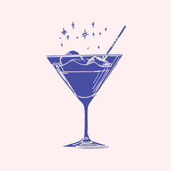 Trendy Cocktail Glass Line Art with Sparkles 