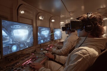 Obraz premium Virtual reality training in a high-tech simulation environment during a space mission preparation session