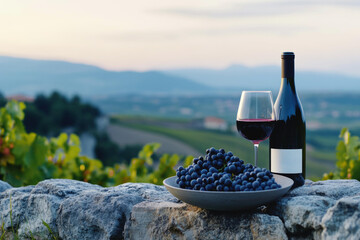  Wine glass and bottle with grapes in Valpolicella vineyard scene, Italy winery landscape background