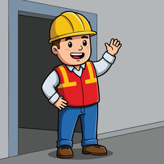 Fototapeta premium Construction worker in yellow helmet and red vest waving hand in building doorway vector illustration 