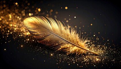 Elegant golden feather rests on a dark background surrounded by shimmering golden glitter and bokeh lights