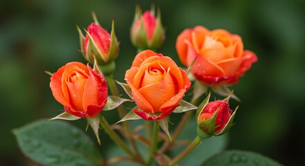 Orange Rose Flowers Blooming in Garden with Water Droplets