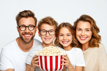 Parents and kids laughing together while holding large popcorn bowl. Bright background adds to joyful atmosphere. Concept of family entertainment, movie night, home activities