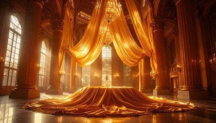 Magnificent opulent royal throne room bathed in golden light with ornate curtains and grand architecture