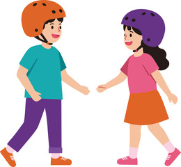 Obraz premium Two children wearing helmets and colorful casual clothes walking and smiling friendly vector illustration 