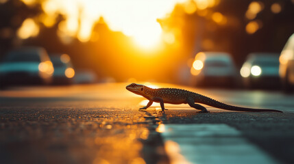 A Wild Lizard Walking Across a Quiet City Street at Sunset 노을 지는 한적한 도시 거리를 걷는 야생 도마뱀