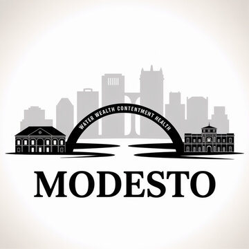Modesto Skyline Silhouette - California City Landmark Vector Illustration in Black and White