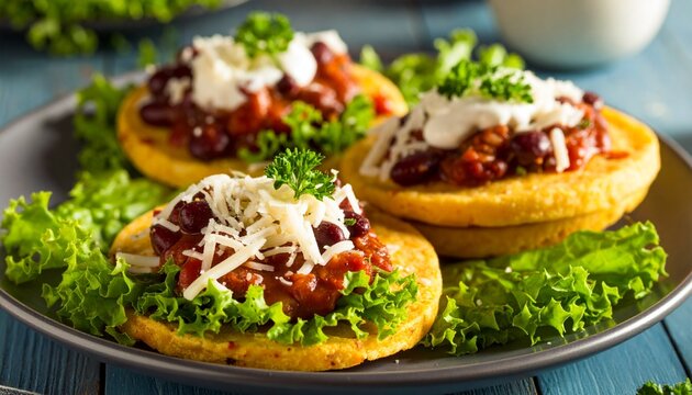 Topping Sopes with Beans, Lettuce, and Queso Fresco. Mexican Food Close Up