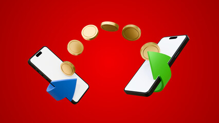Money transfer on smartphones on red background. Sending and receiving money concept. Coins moving from one mobile phone to other mock up. Concept of payment for purchases.