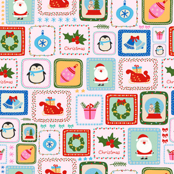 Christmas seamless pattern in patchwork style with hand drawn Santa Claus, snow globe, penguin and bells. Holiday retro background.