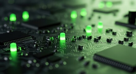 Fototapeta premium Sharp detail of a modern circuit board with glowing nodes and tiny electronic parts in focus.