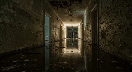 Creepy flooded hallway with peeling paint in an abandoned building, eerie interior