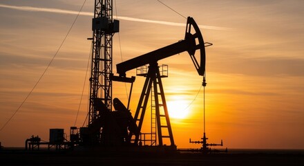 Heavy machinery extracting oil in silhouette at sunrise.
