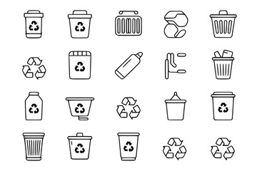 Recycle Bin Icons: A Collection of Line Art Illustrations Depicting Various Recycling Bins, Containers, and the Universal Recycling Symbol, Ideal for Eco-Friendly Design Projects.