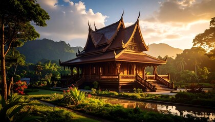 Fototapeta premium Wooden temple at sunset in a lush garden