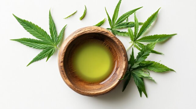 Hemp Leaves and Oil in Bowl on White Background - Natural Wellness Concept