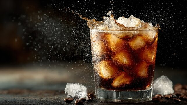 Iced coffee splash with coffee beans on dark background in studio shot