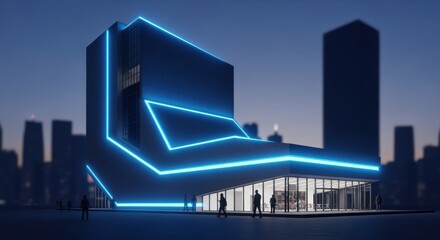 Digitalinspired building form lit with cool blue luminescent accents.