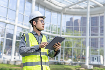 Male Engineer in High-Visibility Vest Using Digital Tablet