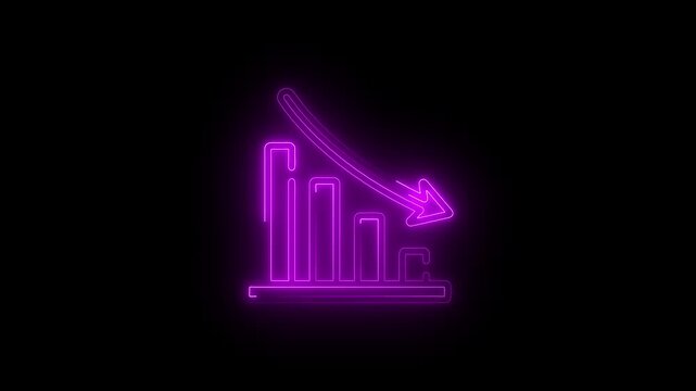 Neon purple bar graph with downward arrow glowing on black background representing financial