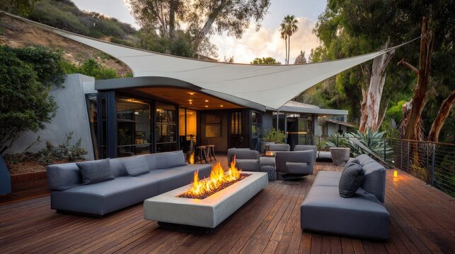 Modern patio with fire pit, covered by a sail shade