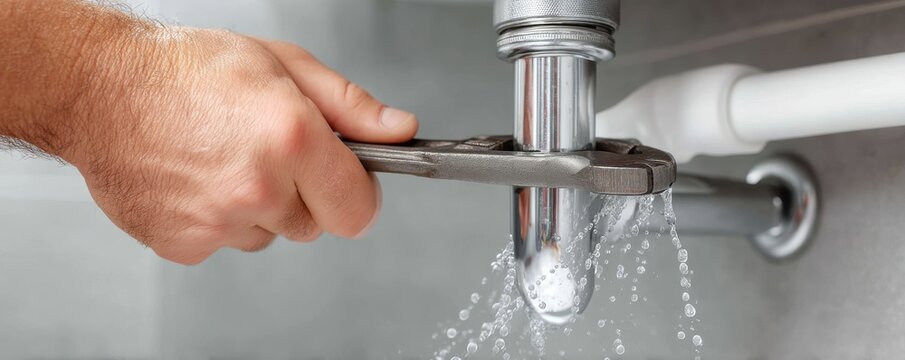 Close-up of plumber fixing a leaking pipe with a wrench