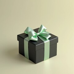 Elegant black gift box with mint green ribbon on a neutral background