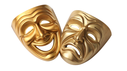 Stock image of golden comedy and tragedy masks for theater and drama