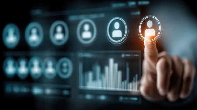 Finger touching profile icon on a digital interface with data visualization