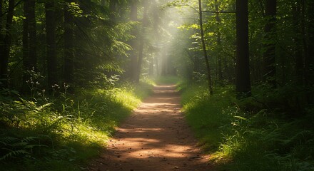 Fototapeta premium Pathway of Serenity: A serene forest path bathed in sunlight, guiding the viewer through a tranquil and untouched natural landscape, offering a sense of peace and inviting exploration.