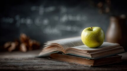 book resting on stacked in front of a chalkboard