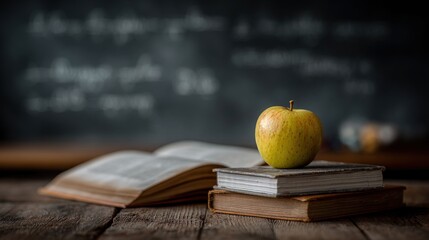 book resting on stacked in front of a chalkboard