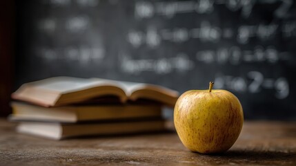 book resting on stacked in front of a chalkboard