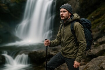Obraz premium Hiker Standing Near Silky Waterfall in Forest Wearing Green Jacket and Beanie with Backpack and Hiking Stick in Tranquil Outdoor Scene