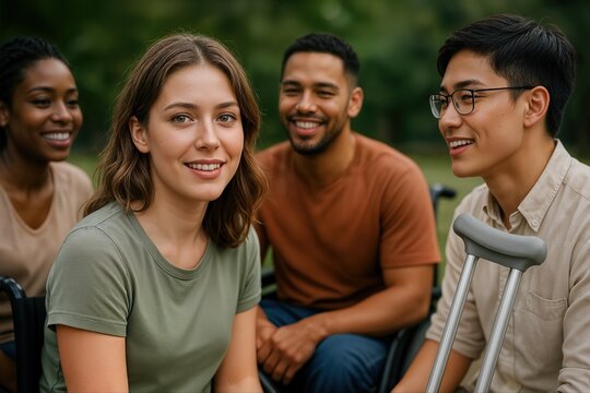 Celebration of Ability and Diversity Featuring Diverse Group of Young Adults Outdoors Smiling and Engaging in Inclusive Conversations - Powered by Adobe
