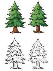 Obraz premium Cartoon Pine Trees: Color and Outline Versions