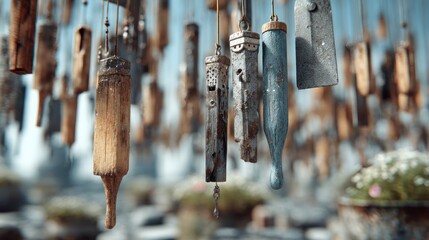 Enchanting Wooden Mobile with Artistic Elements Hanging Outdoors in Serenity