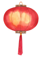  Single red Chinese lantern in watercolor style, glowing softly from within. Elegant hand-painted element for festive or decorative use.