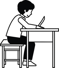 Student Sitting at a Desk Writing in a Notebook Vector Illustration