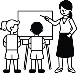 Flat color vector of a teacher standing and writing on board vector illustration