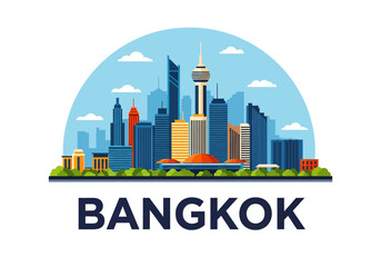 Naklejka premium flat style picturesque illustration of Bangkok cityscape showcasing ornate temples and modern skyscrapers against a bright, slightly cloudy sky. Perfect for Thailand travel and cultural themes