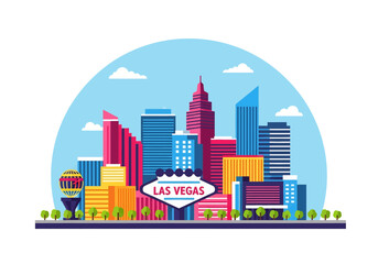 flat style picturesque illustration of Las Vegas cityscape showcasing vibrant hotels and casinos against a bright, slightly cloudy sky. Perfect for Nevada travel and entertainment themes