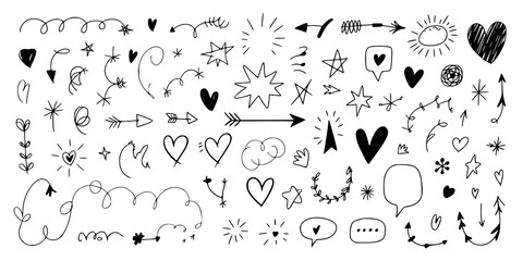 Hand-Drawn Doodle Collection: A charming set of black and white vector illustrations features hearts, arrows, stars, and speech bubbles, perfect for design projects.