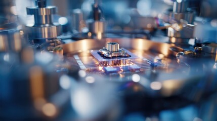 Obraz premium Quantum superconducting chip demo in crisp focus at center surrounded by softly blurred advanced lab equipment highlighting cuttingedge technology in a training pod.