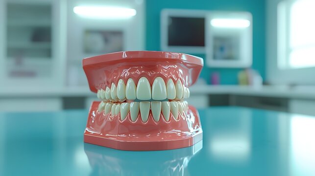 Dental model with full set of teeth on clinic table. Clean and glossy gums in dentist office. Educational prop for dental hygiene and health awareness. Toothache Day