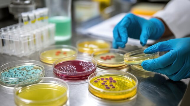 Stained microbial slides under magnification in a level2 biosafety lab with incubated petri dishes and microbiologist skillfully handling lab equipment in background.