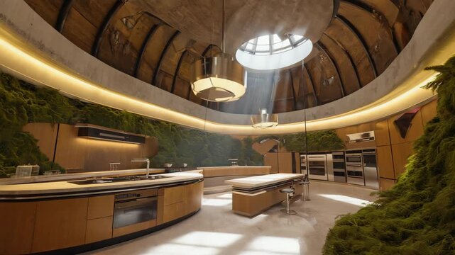Modern eco-friendly kitchen with natural wood, lush moss-covered walls and skylight dome architecture, combining futuristic design, organic materials, and sustainability in warm contemporary interior.