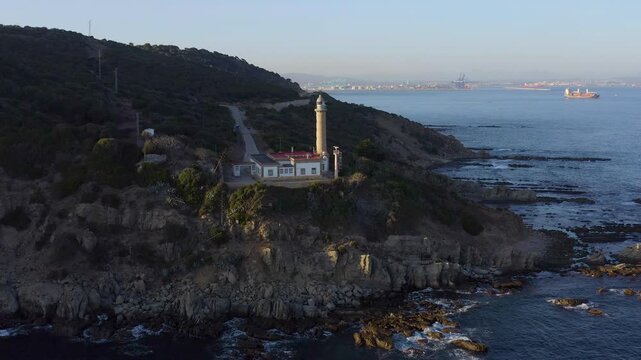Aerial view of the lighthouse of Punta Carnero, in the province of C&aacute;diz, Andalusia, Spain, close to the Strait of Gibraltar.