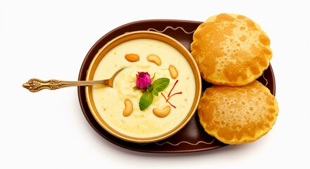 Indian Gujarati traditional religion festival sweet Basundi, Dudhpak, also known in india as rabdi, firni, paayaasam, rice kheer pudding in bowl with spoon and puri, white background