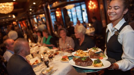Skilled server navigates through a busy dining area expertly carrying a tray of gourmet entrees to a group of patrons enjoying a fine dining experience.